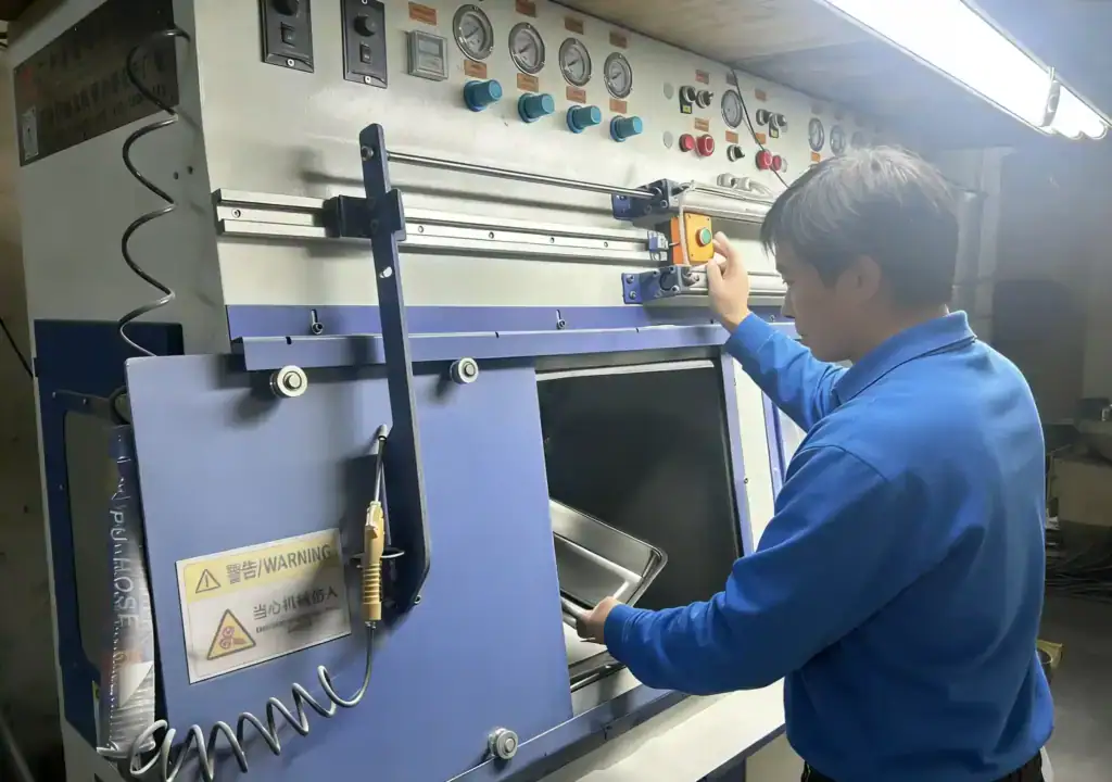 Processo di produzione di utensili da cucina industriali in acciaio inossidabile.
