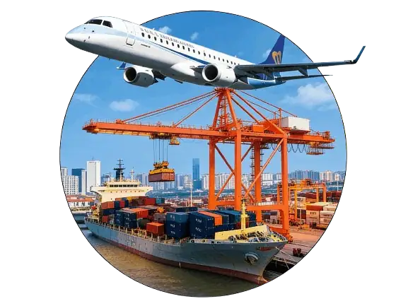 Avión y buque de carga en el puerto para el envío de utensilios de cocina a todo el mundo.