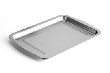 Durable stainless steel tray ideal for serving food and beverages in commercial and home kitchens.