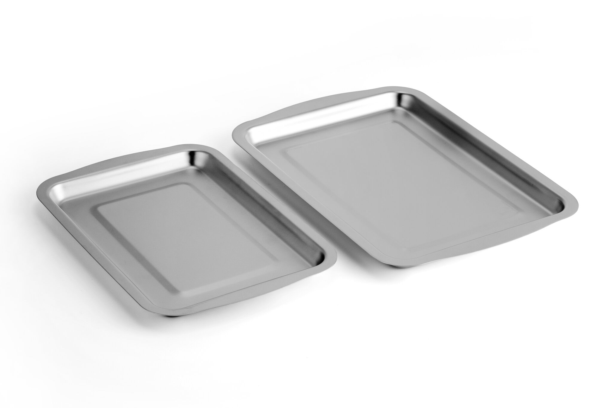 Two stainless steel baking trays of different sizes for professional kitchen use.