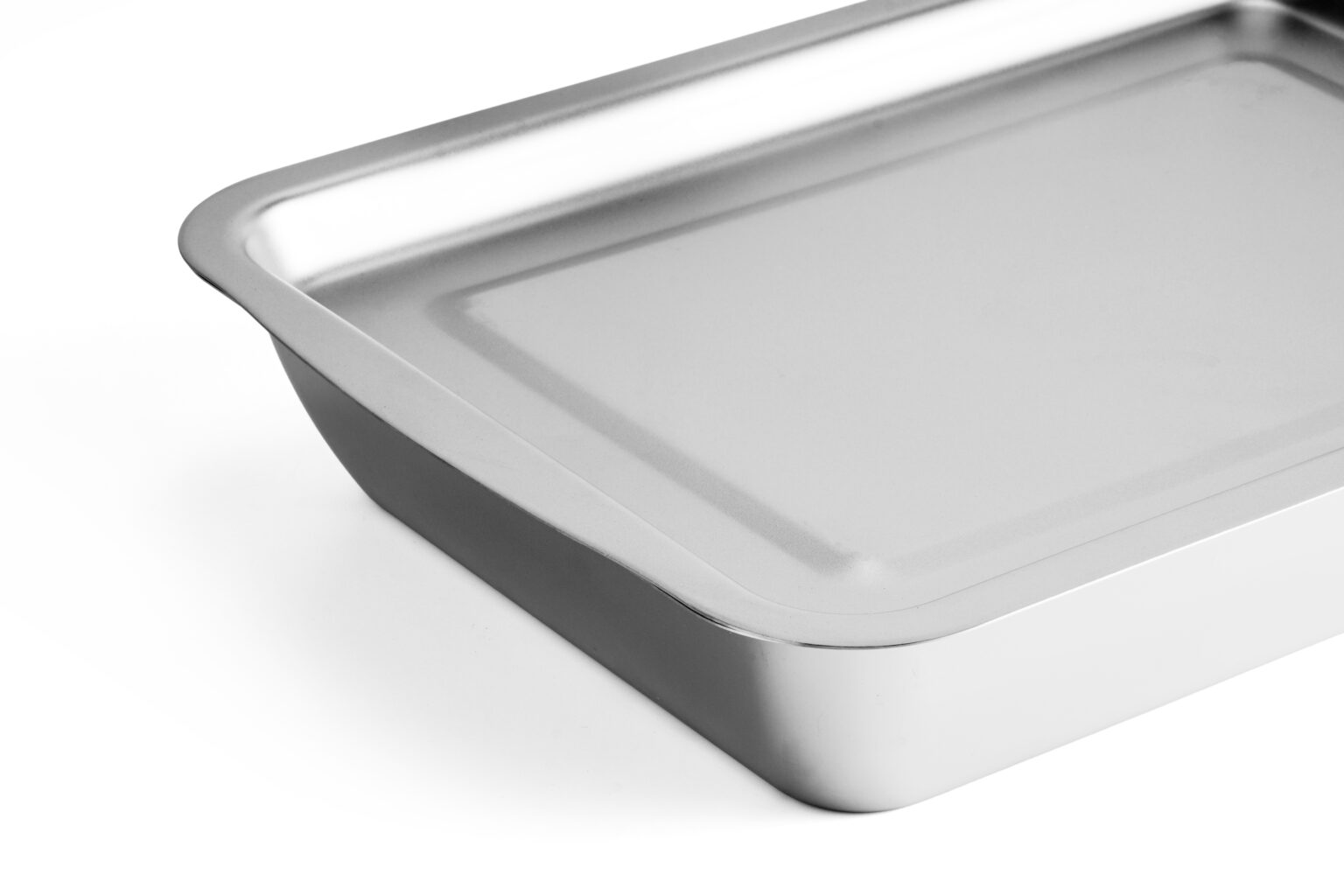 Stainless steel baking tray with a smooth, durable surface for versatile kitchen use.