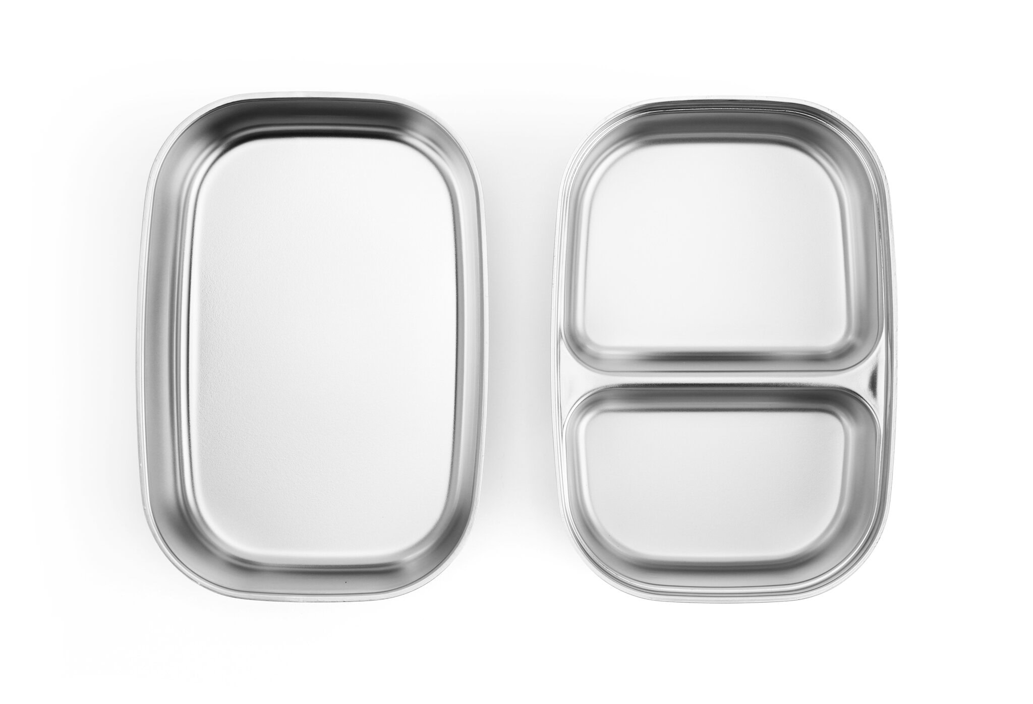 Stainless Steel Bento Box Set Stainless steel bento box with two compartments for food storage.