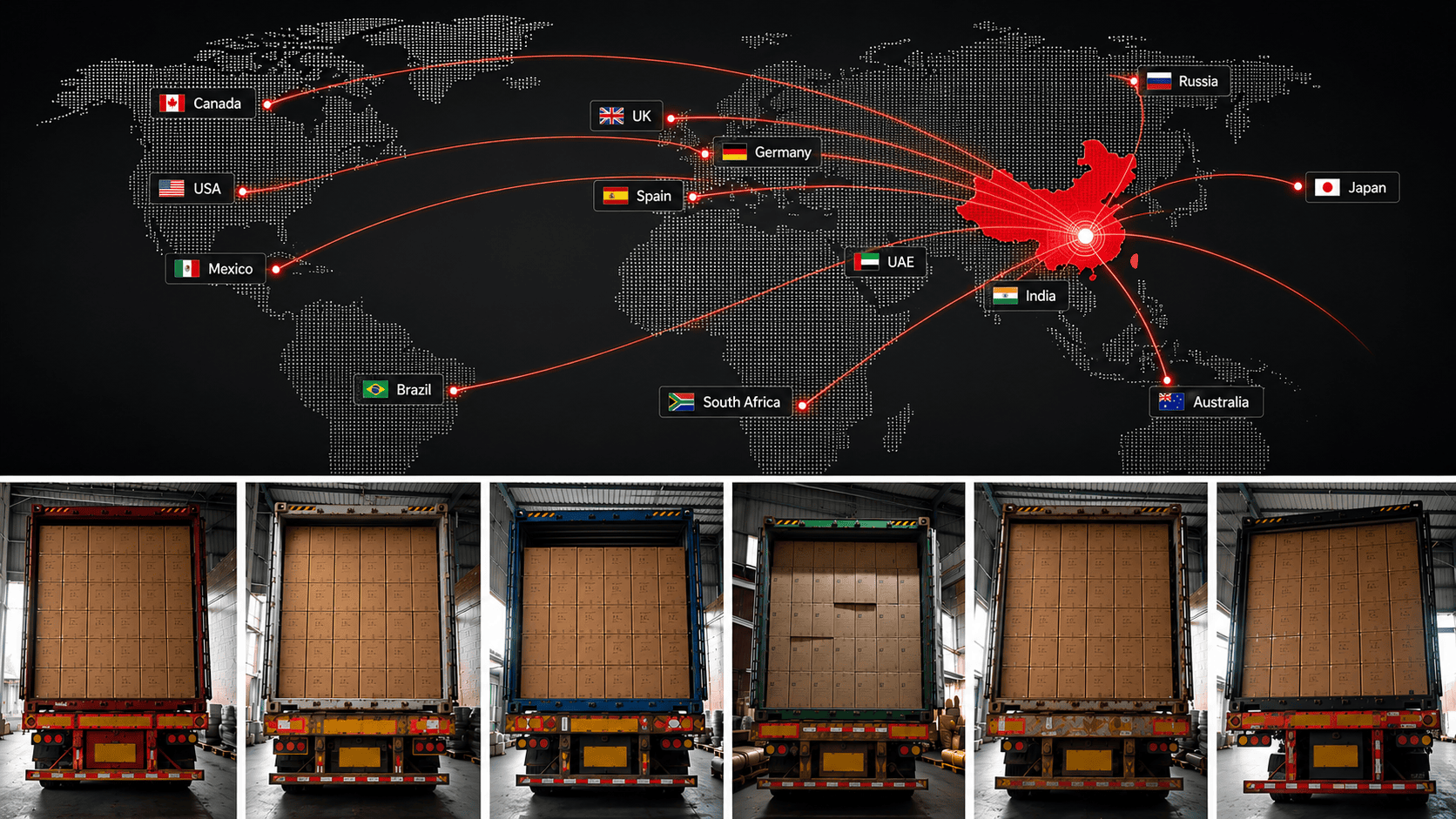 Delivery trucks transporting stainless steel kitchenware across global markets.