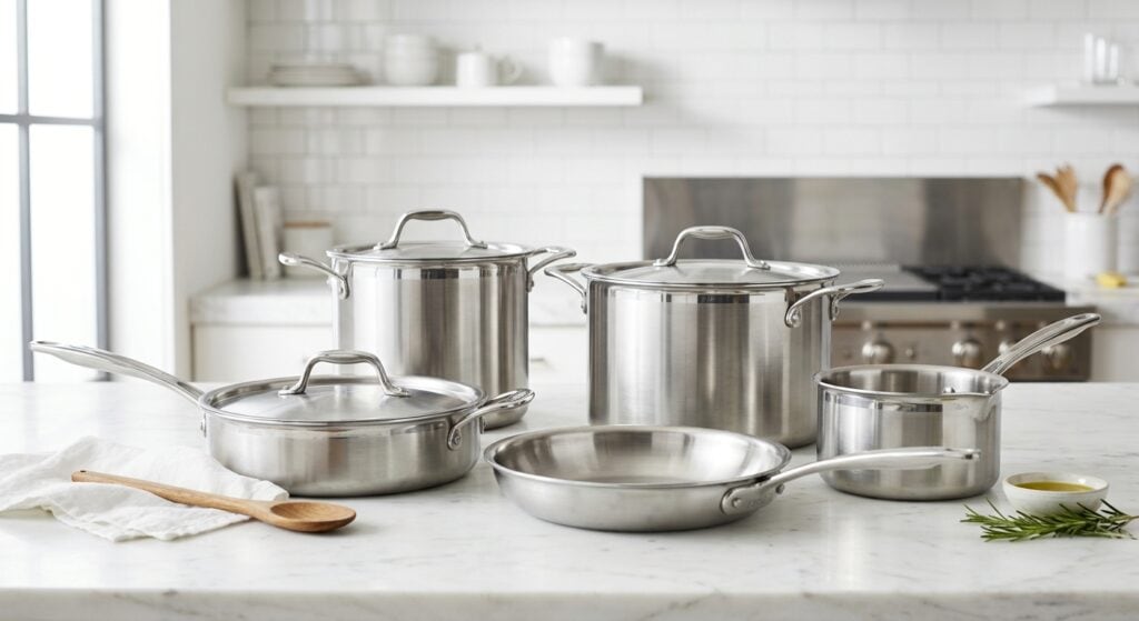 Stainless steel cookware set with pots and pans on a white kitchen countertop.