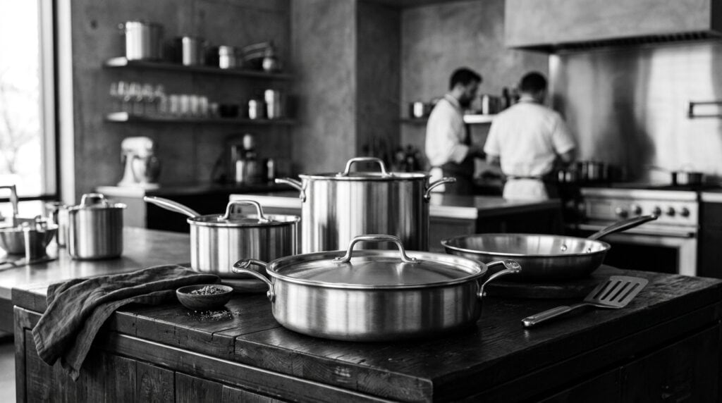 Induction cookware factory with professional staff preparing high-quality pots and pans.