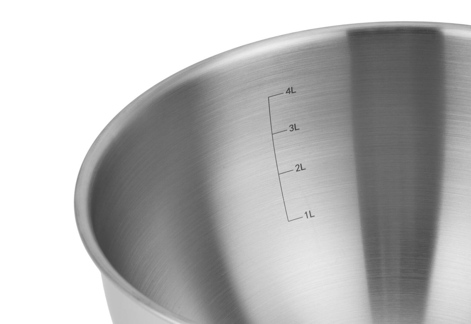 Stainless steel mixing bowl with measurement markings for precise cooking.
