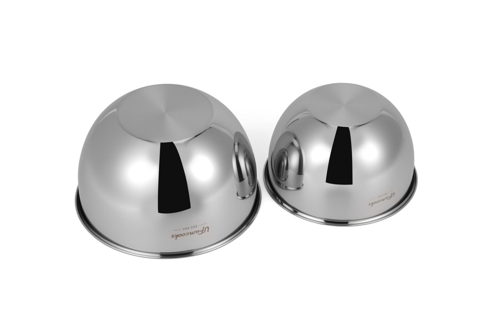 Polished stainless steel kitchenware bowls with reflective surfaces.