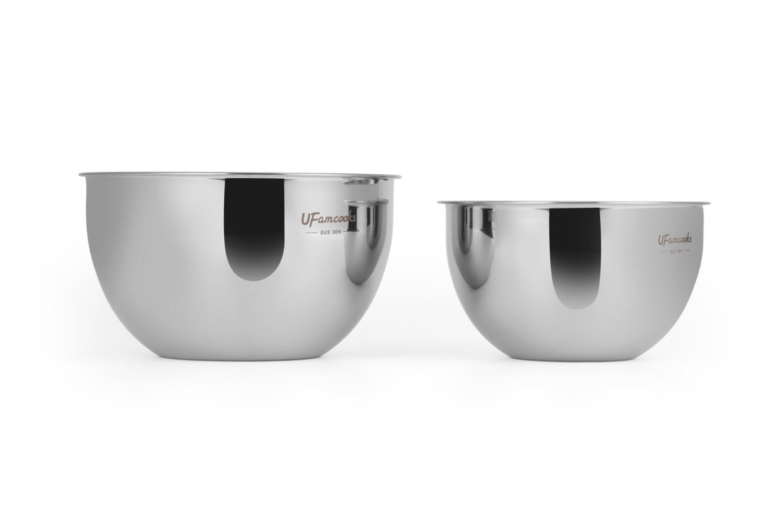 Two polished stainless steel mixing bowls on a white background.