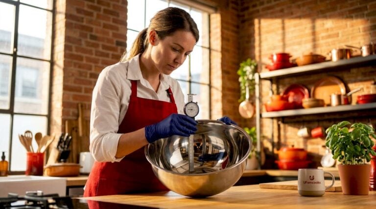 High-quality stainless steel mixing bowl with a woman measuring ingredients in a modern kitchen.