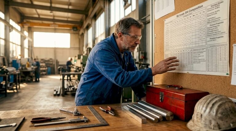 Skilled worker inspecting stainless steel components in a factory setting.