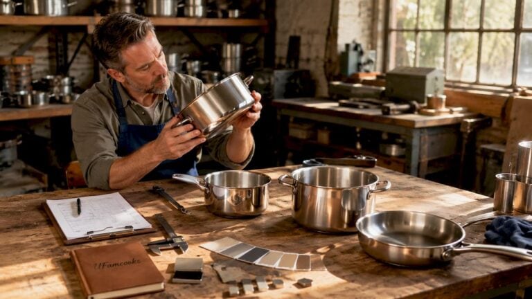 Man inspecting stainless steel cookware in a factory setting.