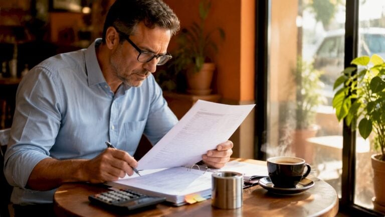 Businessman reviewing documents at a cafe with a coffee cup and calculator.