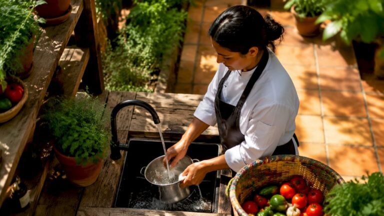 Woman washing stainless steel cookware in garden with plants and wooden table.