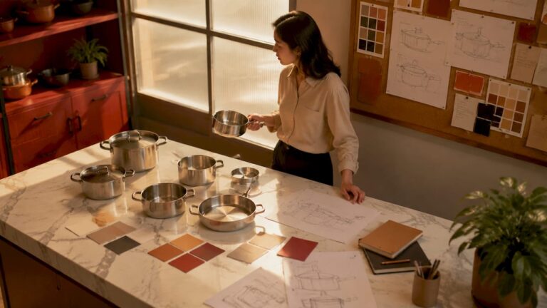 Woman examining stainless steel cookware on a factory table.