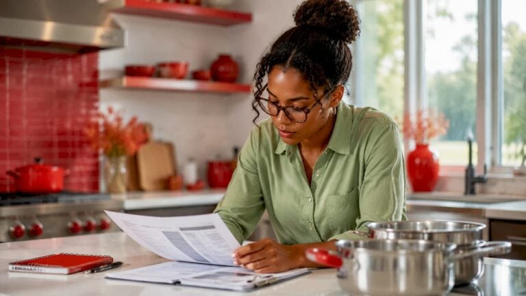 Woman reviewing food safety standards in a modern kitchen with stainless steel cookware.
