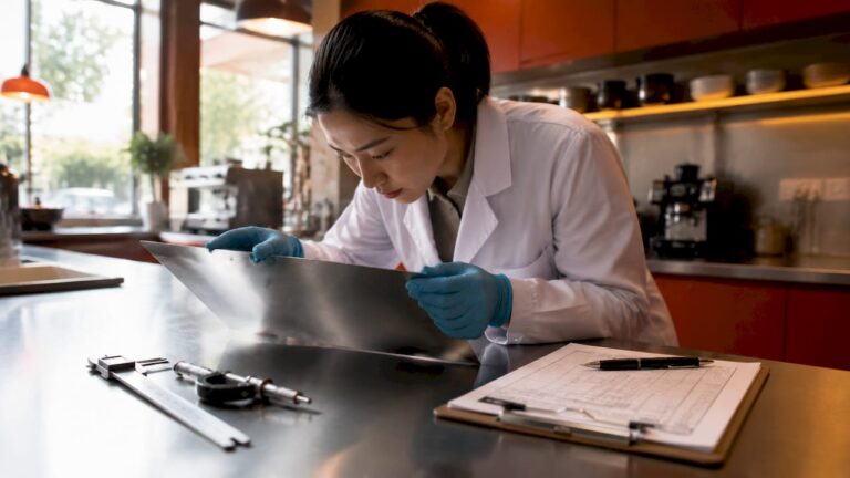 Woman inspecting stainless steel cookware in a modern kitchen.