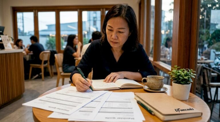 Woman reviewing documents at a cafe with a coffee cup and plant nearby.