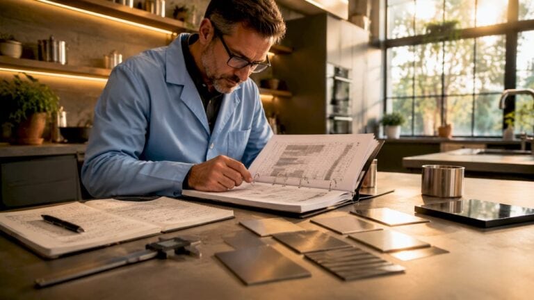 Man reviewing stainless steel cookware specifications in a modern kitchen.