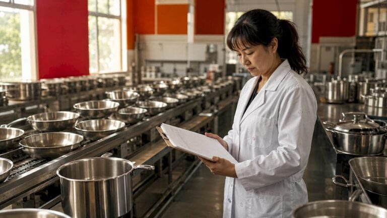 Female inspector examining stainless steel cookware in factory.