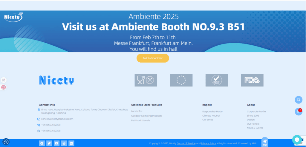 Stainless steel kitchenware products showcased at Ambiente 2025 booth NO.9.3 B51 in Frankfurt, Germa.