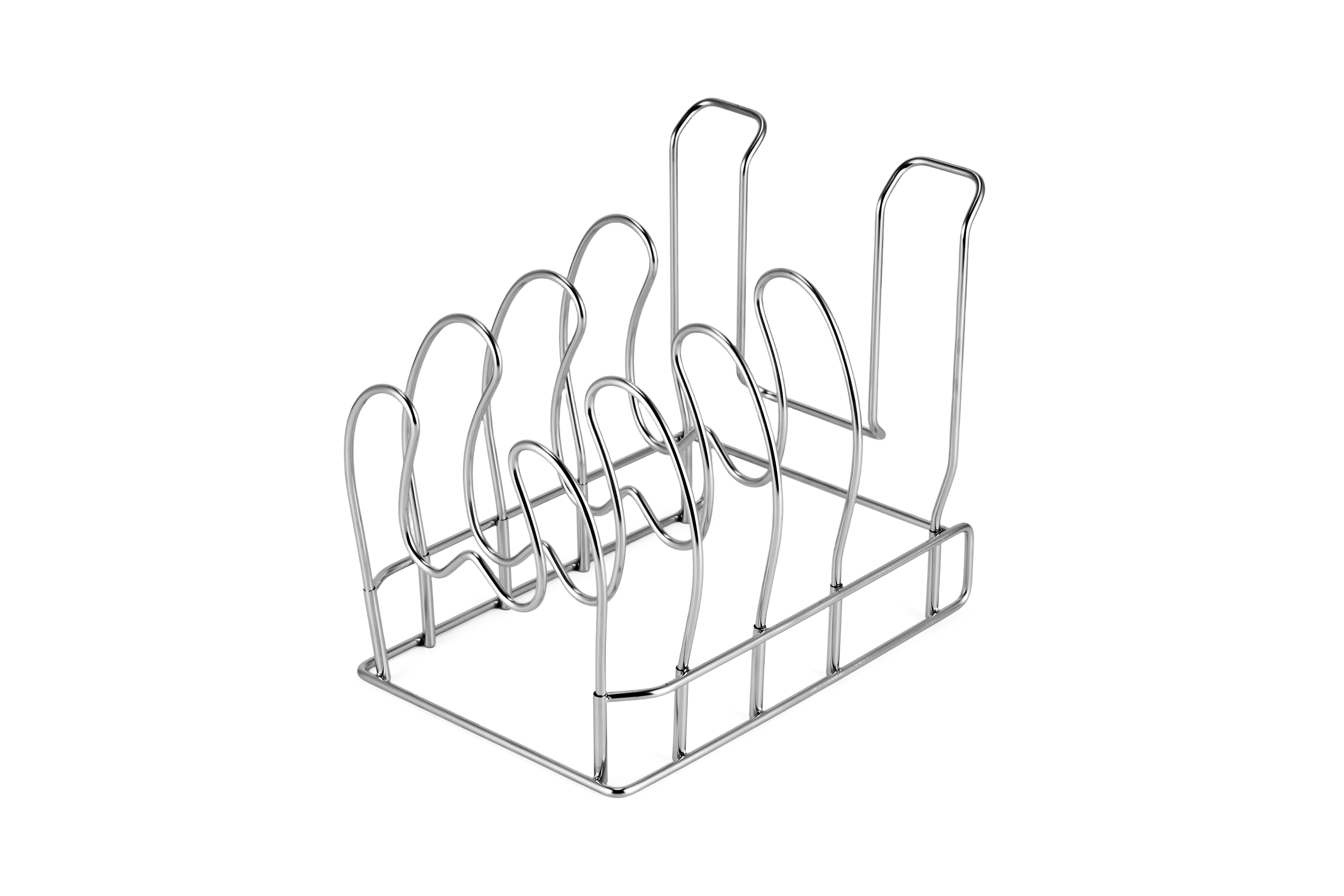 Stainless steel kitchen utensil drying rack for drying and organizing utensils.