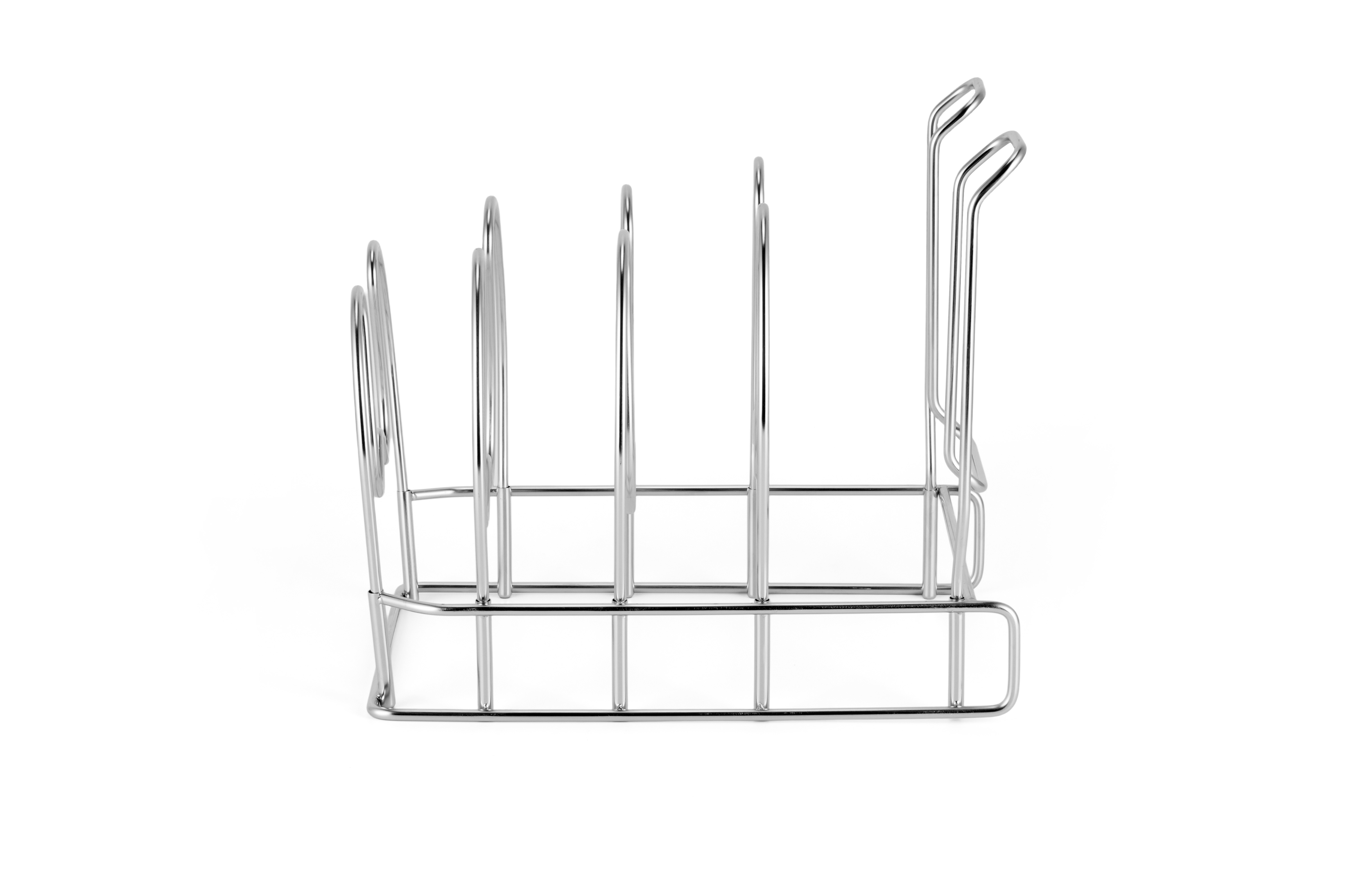 Stainless Steel Dish Drying Rack Stainless steel dish drying rack with multiple slots for plates and utensils.