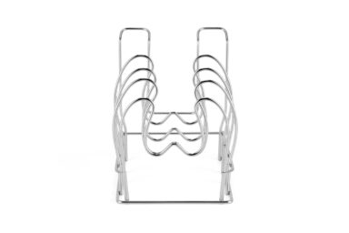 Stainless steel kitchen utensil drying rack with multiple slots for cups and utensils.