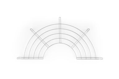 Stainless steel kitchenware display rack for organized storage.