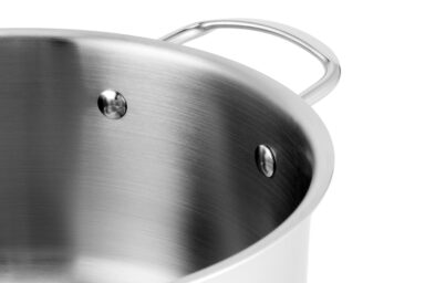 High-quality stainless steel cooking pot with sturdy handles for professional kitchens.
