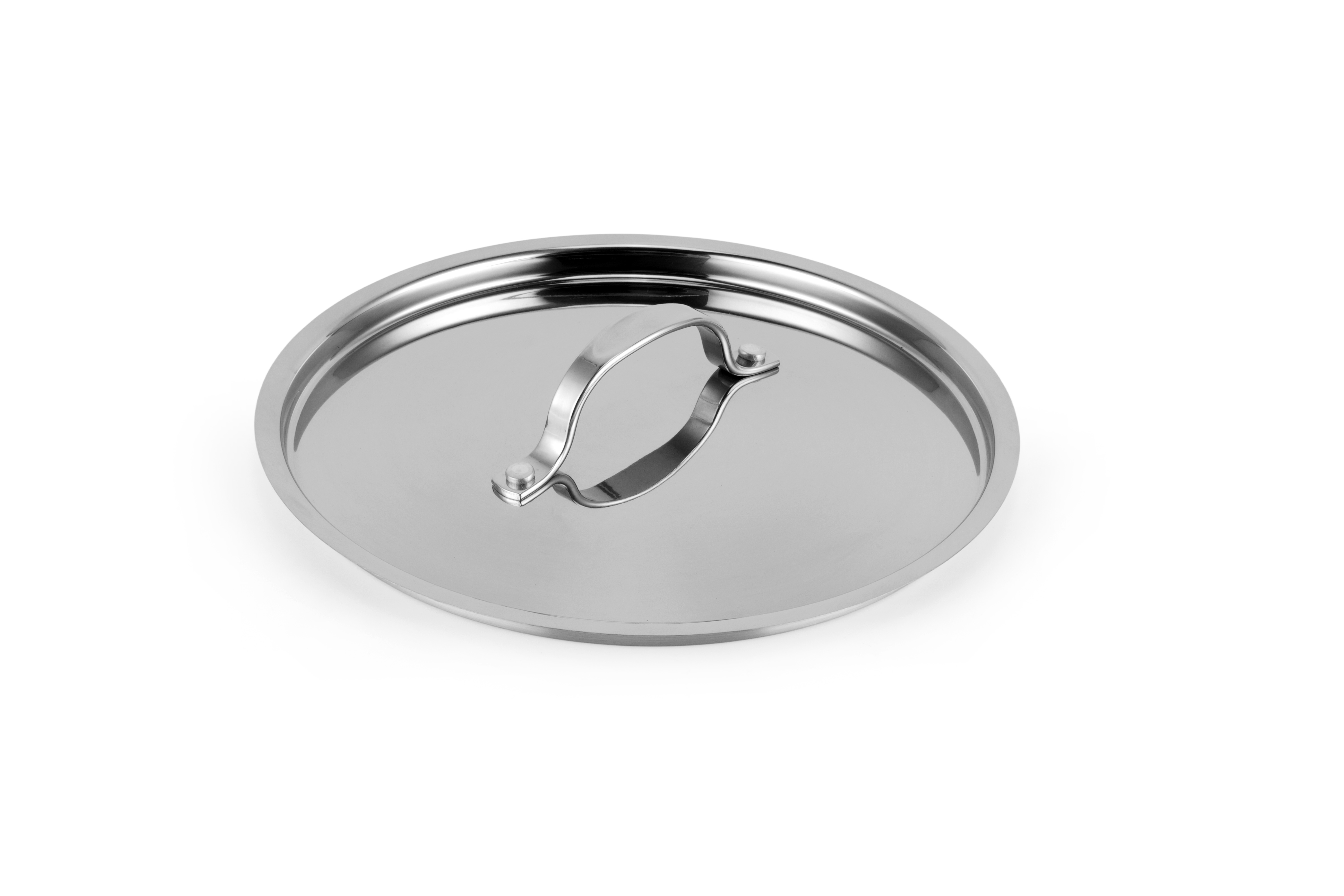 Stainless steel lid with a handle, ideal for kitchen cookware.