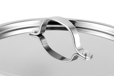 Stainless steel pot lid handle with secure clamp for cookware.