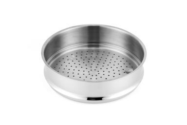 Shiny stainless steel Steamer Basket with a smooth, reflective surface and raised edge.