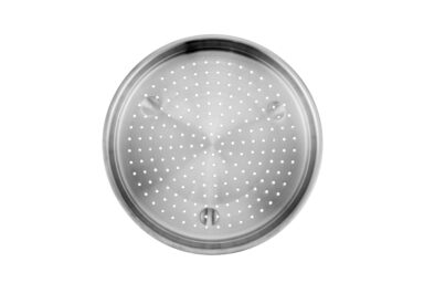 Stainless steel steamer insert with perforated surface for steaming food.