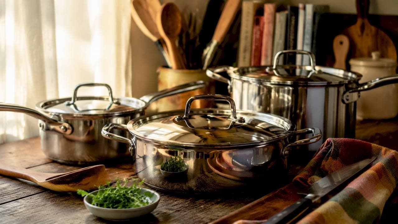 Close-up of polished stainless steel cookware