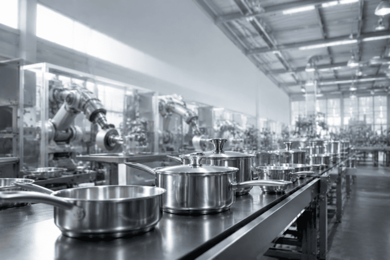 Modern stainless steel cookware production in a factory setting.