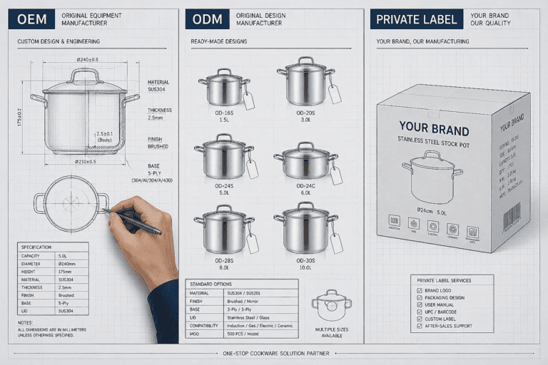 Detailed stainless steel cookware blueprint with specifications and branding options.