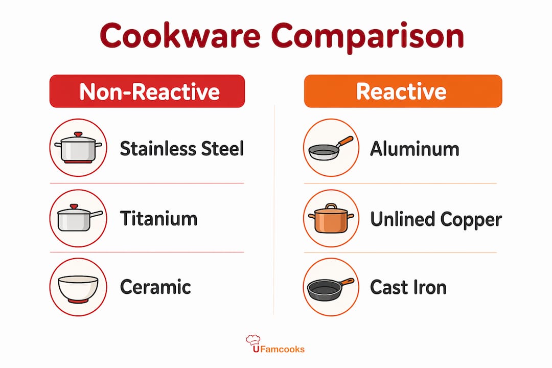 Infographic comparing non-reactive and reactive cookware