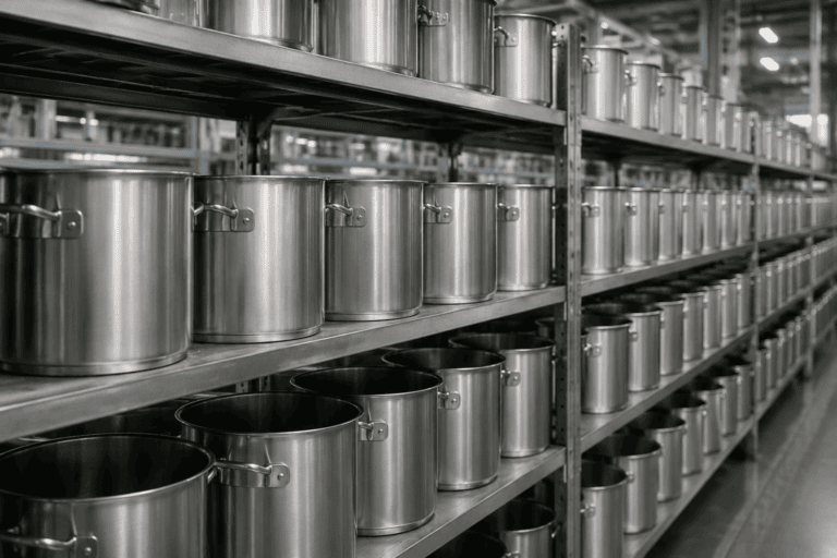 Stainless steel cookware on industrial storage shelves in a factory.