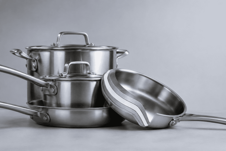 Stainless steel pots and pans from a kitchenware factory in China.
