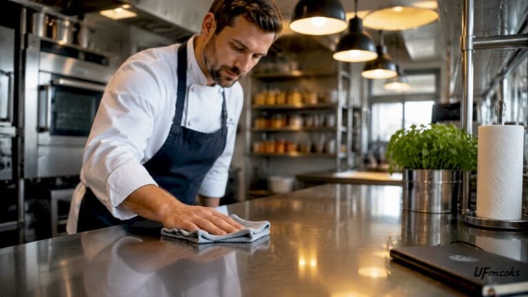 Chef cleaning stainless steel kitchenware in a modern kitchen.