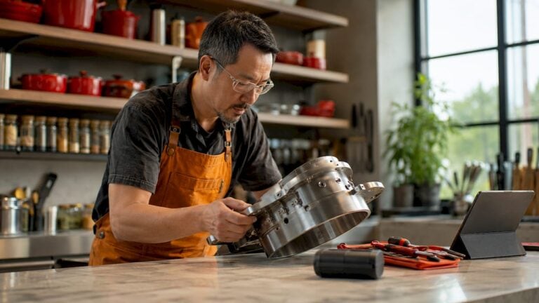 Man inspecting stainless steel cookware in a modern kitchen.