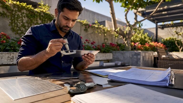 Engineer examining stainless steel gauge in outdoor setting.