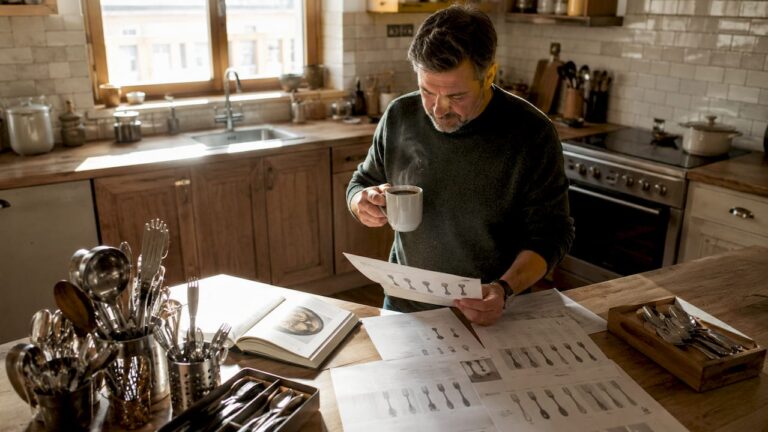 Man reading recipes in a modern kitchen with stainless steel cookware.