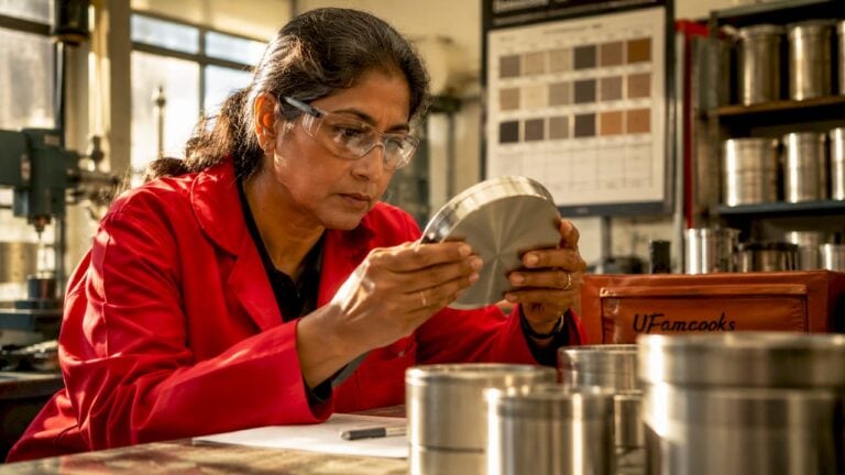 Woman inspecting stainless steel cookware in factory setting.