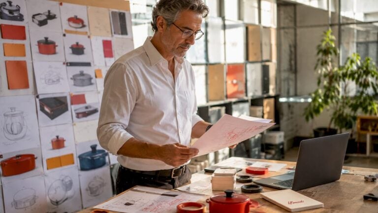 Man reviewing product design plans in a manufacturing studio.