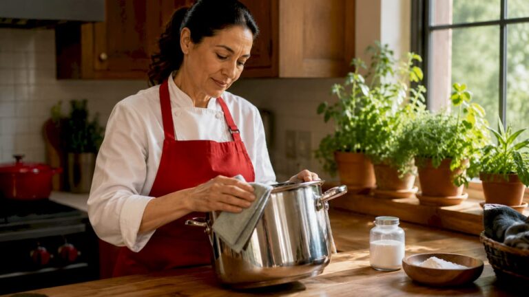 Woman cooking with stainless steel cookware in kitchen.