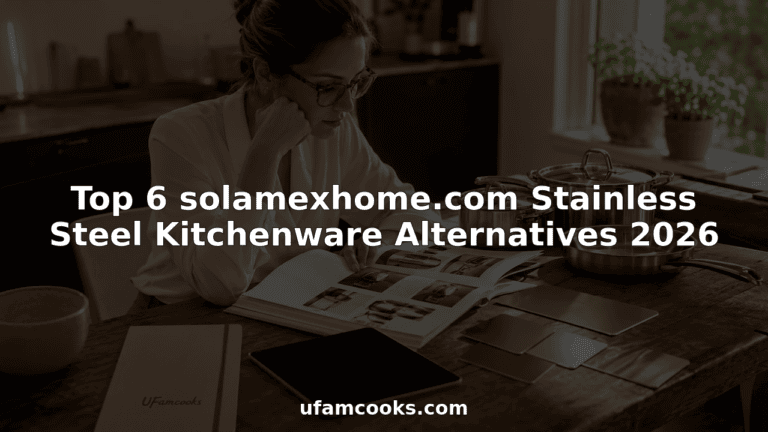 Woman reading a catalog of stainless steel cookware in a modern kitchen.