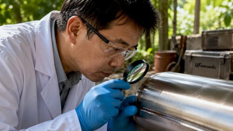 Man inspecting stainless steel cookware with magnifying glass in factory.