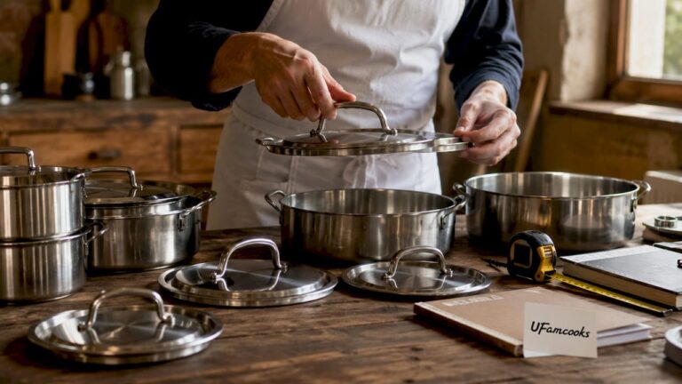 Stainless steel cookware set on a wooden table in a kitchen.