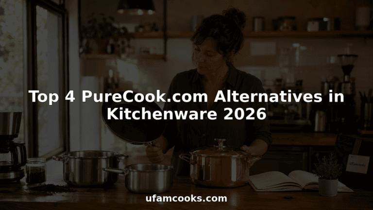 Stainless steel cookware set on a kitchen countertop with a woman cooking.